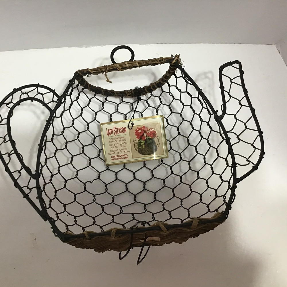 Chicken Wire Teapot Wall Basket Rattan Farmhouse Black Cottagecore Wicker 3D